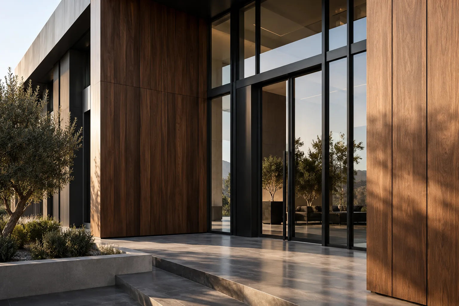A contemporary building bringing together metalwork, timber and glass
