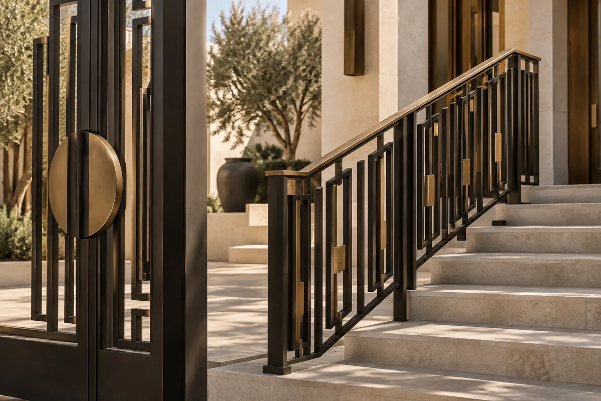 An iron gate and railing with brass detailing at a villa entrance