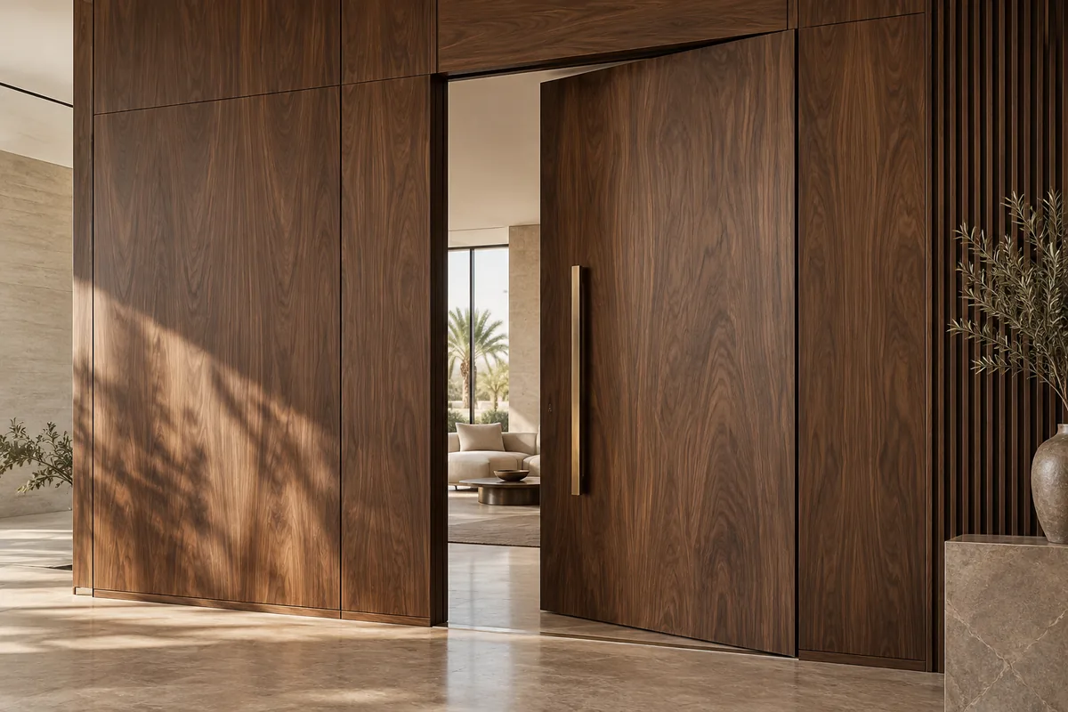 A large wooden pivot door opening onto an interior space